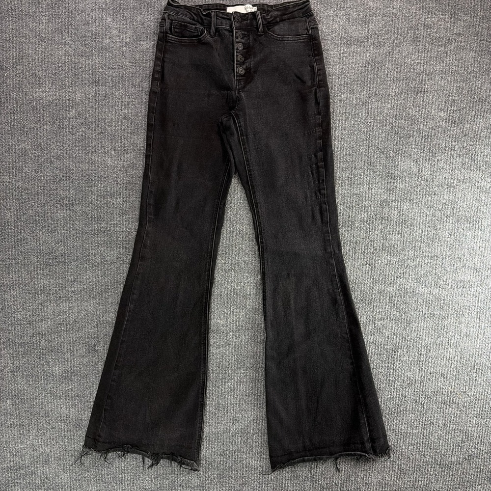 Bridge by GLY Womens Mid Rise Flare Jeans Faded Black Button Fly Raw Hem Fall 28